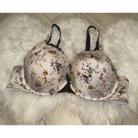 Torrid Curve Push Up Plunge Bra Underwire Skulls Floral Halloween Womens 44D - Picture 1 of 7